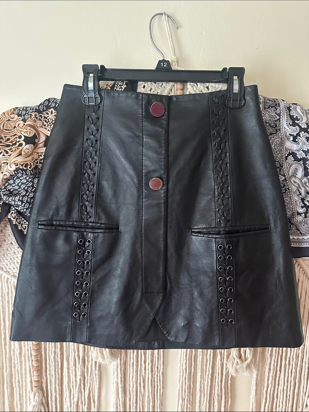 Ramy Brook Black Lamb Leather Mini Skirt with Eyelet Trim